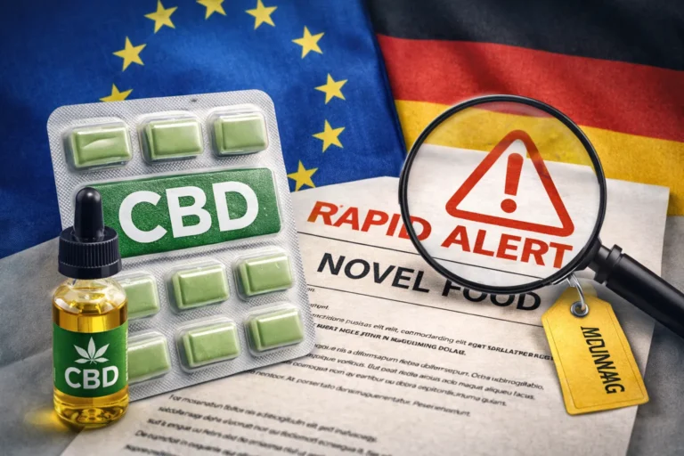 CBD-Kaugummi vor EU- und Deutschland-Flaggen als Symbolbild für eine RASFF-Meldung zu unzulässigem Novel Food