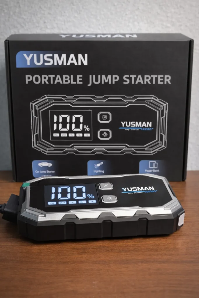 YUSMAN F11 jump starter for Volkswagen Tiguan in an airport parking scenario