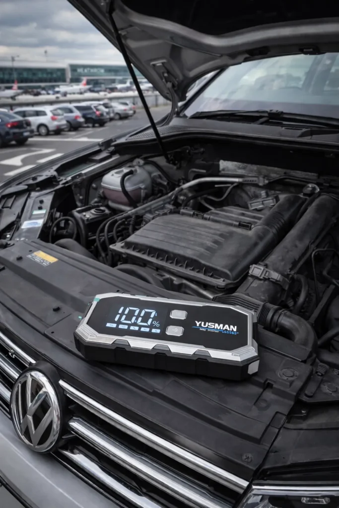YUSMAN F11 jump starter under the hood of a Volkswagen Tiguan