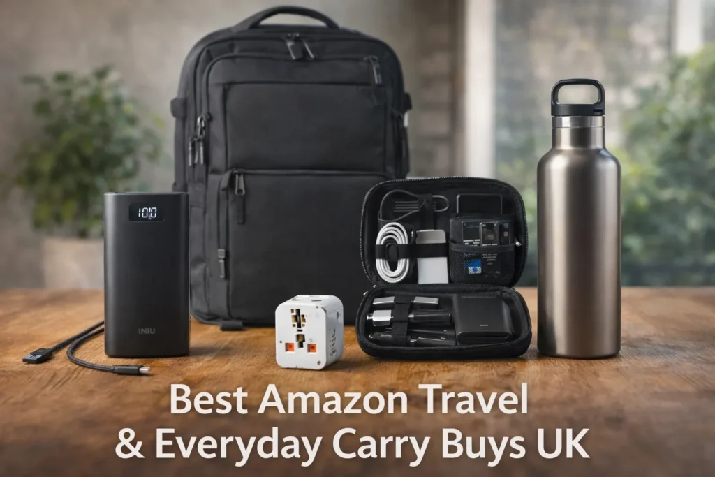 Amazon travel and everyday carry essentials including power bank backpack cable organiser travel adapter and water bottle