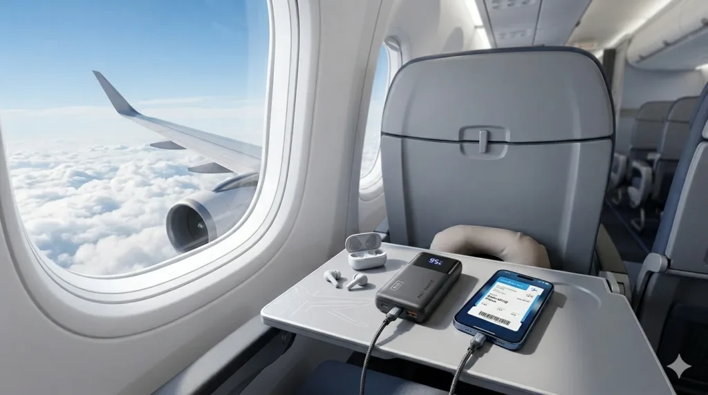 Power bank on an airplane tray table during a flight, correct rearward perspective with reversed wing and engine, airline-safe design for clean travel.