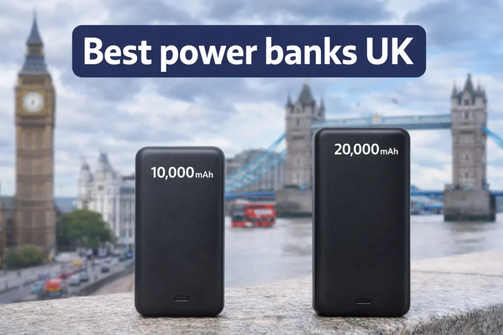 Best Power Banks UK comparison banner with 10,000mAh and 20,000mAh power banks against a London background