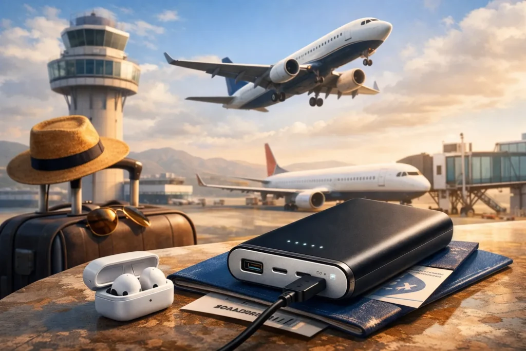 Portable power bank at the airport with passport, earbuds and airplanes in the background