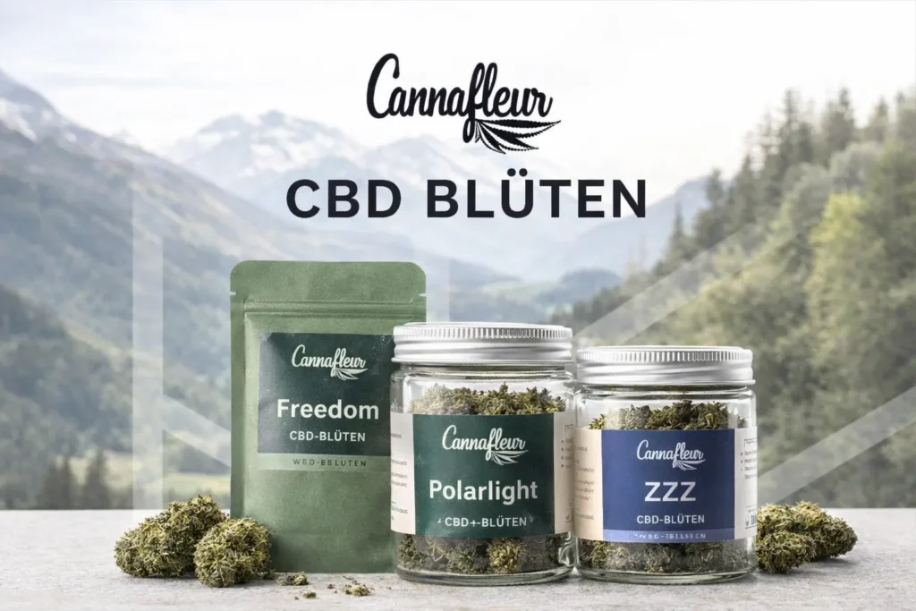 CannaFleur CBD Blüten mit Verpackungen vor Alpenlandschaft