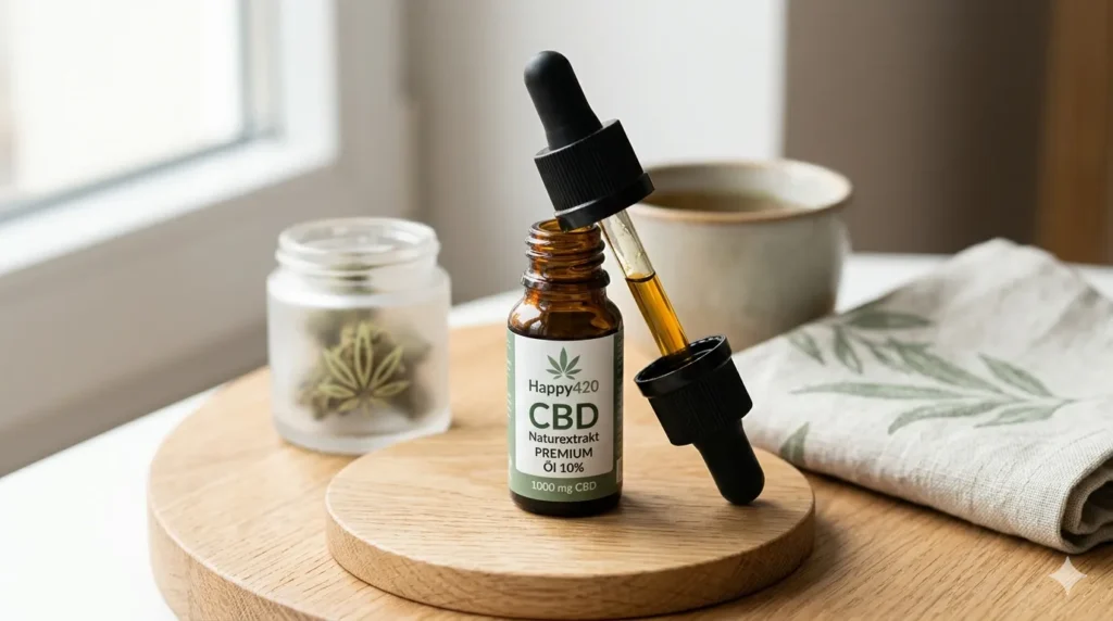 Flasche Happy420 CBD Naturextrakt PREMIUM Öl 10% mit Pipette auf Holzuntergrund, Test 2026.