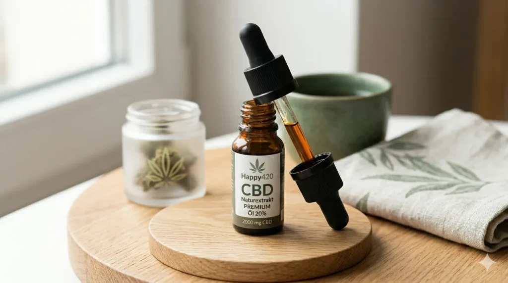 Flasche Happy420 CBD Naturextrakt PREMIUM Öl 20% mit Pipette auf Holzuntergrund, 2000 mg CBD.