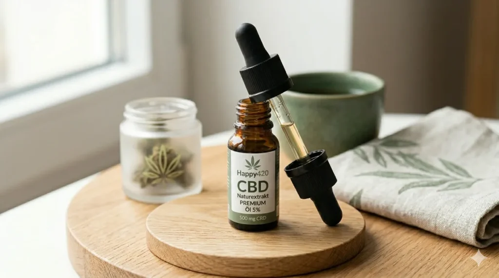 Flasche Happy420 CBD Naturextrakt PREMIUM Öl 5% mit 500 mg CBD, idealer Einstieg für Anfänger