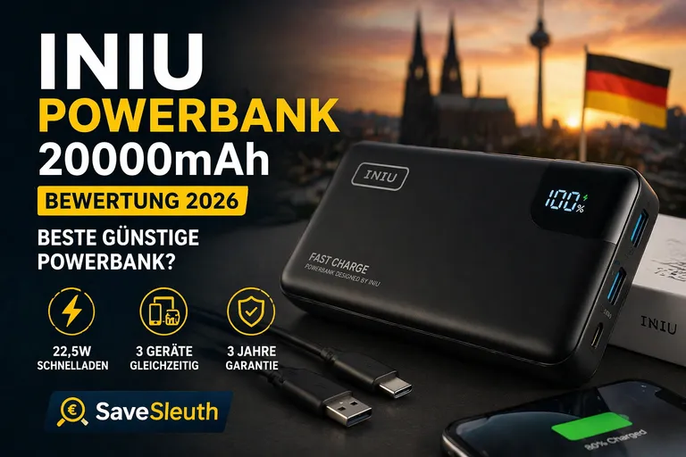 INIU Powerbank 20000mAh Testbild für Amazon DE mit Powerbank, Smartphone und Ladeanzeige