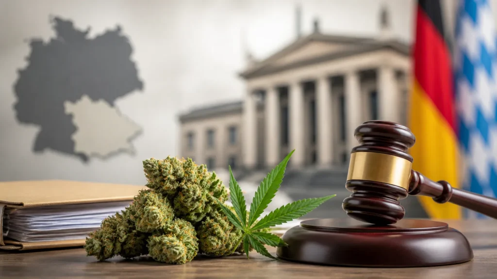 CBD-Blüten neben Richterhammer als Symbol für das Urteil zur Rauschklausel in Deutschland