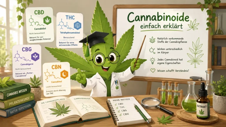Freundliches Cannabisblatt erklärt Cannabinoide wie CBD, THC, CBG und CBN im Klassenzimmer