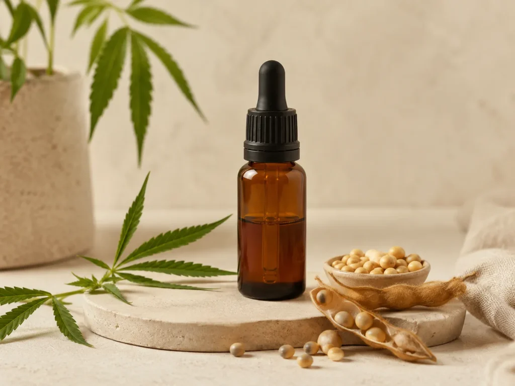 CBD-Öl-Flasche mit Hanfblättern und Sojabohnen als Symbol für CannaFleur CBD ÖL 650 MG Vollspektrum