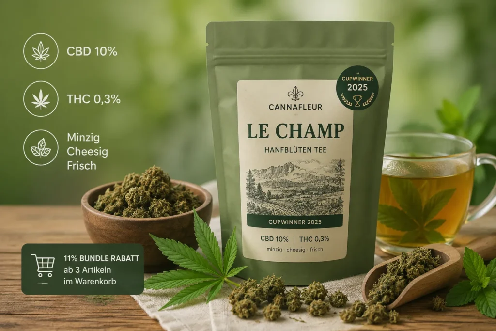 CannaFleur Le Champ Hanfblüten Tee mit CBD 10%, THC 0,3% und Tasse Tee als thematisches Symbolbild