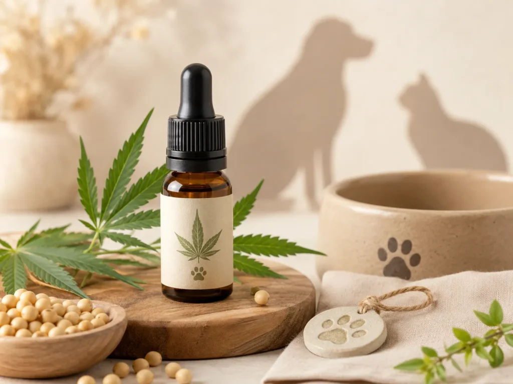 Kleiner Hund und Katze neben einer neutralen CBD-Öl-Flasche als Symbolbild für CannaFleur TIER CBD ÖL 5%
