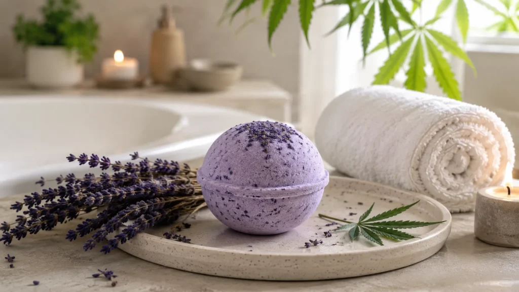 Lavendel-Badekugel mit Handtuch und Trockenblumen als Symbol für CannaFleur Wellness & Pflege