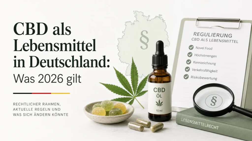 CBD als Lebensmittel in Deutschland 2026 mit Hanfblatt, CBD-Flasche und rechtlicher Einordnung