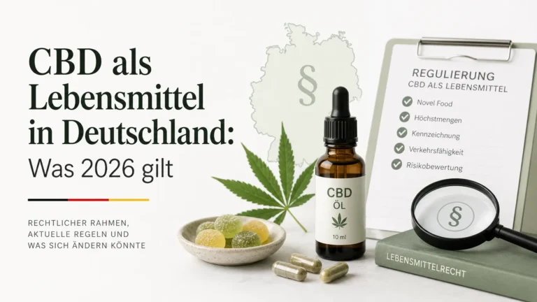 CBD als Lebensmittel in Deutschland 2026 mit Hanfblatt, CBD-Flasche und rechtlicher Einordnung