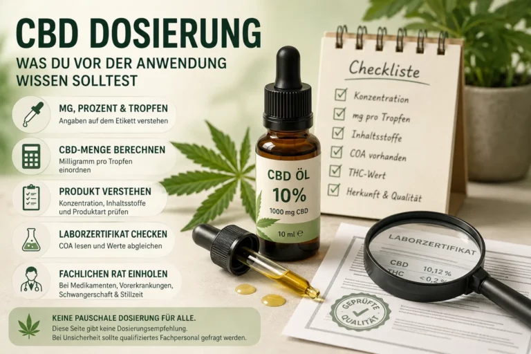 Infografik zur CBD Dosierung mit CBD Öl Flasche, Tropfen, Prüfliste und Laborzertifikat