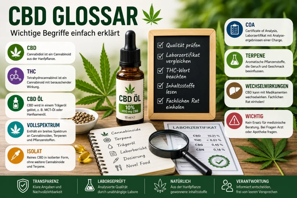 Infografik zum CBD Glossar mit CBD Öl, Laborzertifikat, Hanfblatt und wichtigen CBD Begriffen