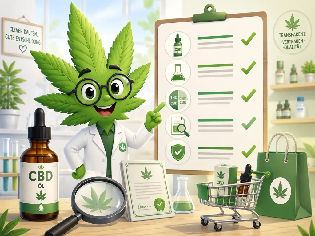 Freundliches Cannabisblatt hilft bei der Auswahl von CBD Produkten mit Prüfliste