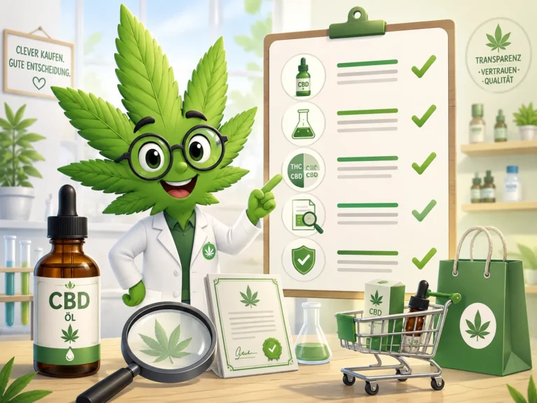 Freundliches Cannabisblatt hilft bei der Auswahl von CBD Produkten mit Prüfliste