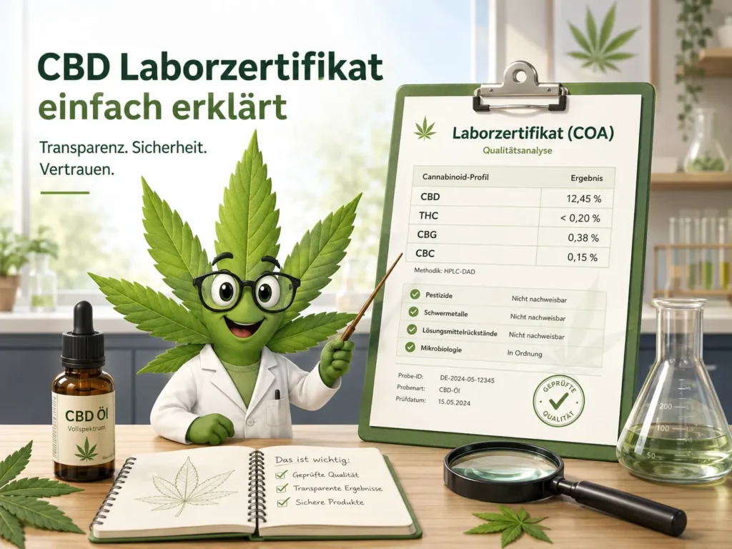 Freundliches Cannabisblatt erklärt ein CBD Laborzertifikat mit COA-Werten