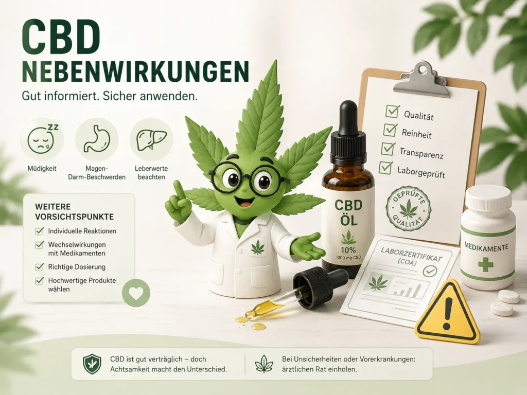 Infografik zu CBD Nebenwirkungen mit CBD Öl, Warnsymbolen, Medikamenten und Laborzertifikat