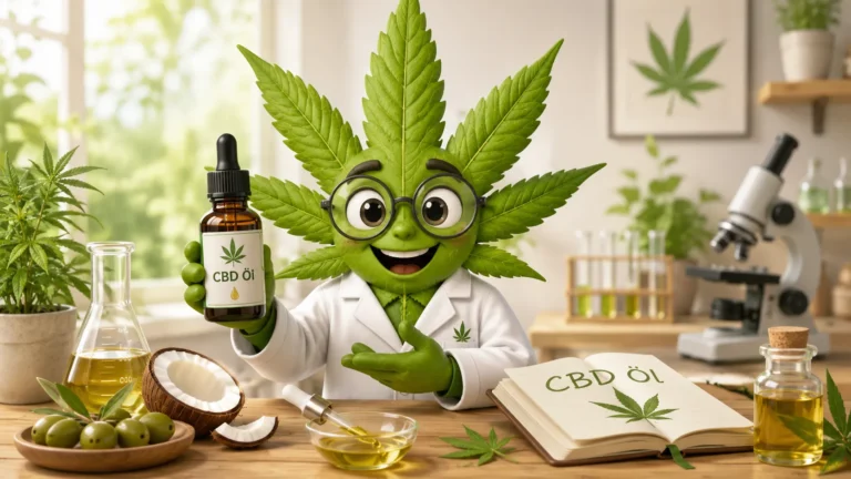 Freundliches Cannabisblatt zeigt eine CBD Öl Flasche in heller Laborumgebung
