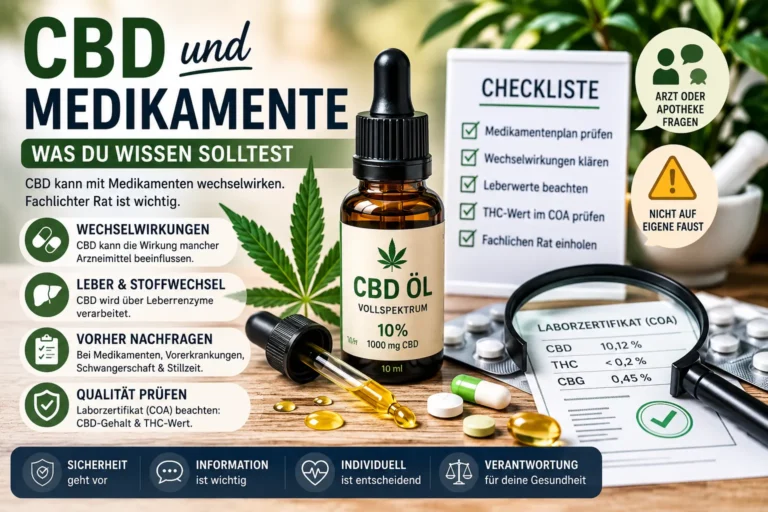 Infografik zu CBD und Medikamenten mit CBD Öl, Tabletten, Laborzertifikat und Warnhinweisen