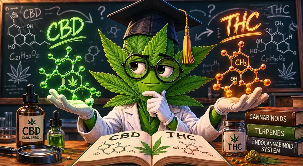 CBD vs THC Infografik mit Hanfblättern, Tropfflaschen und chemischen Strukturen