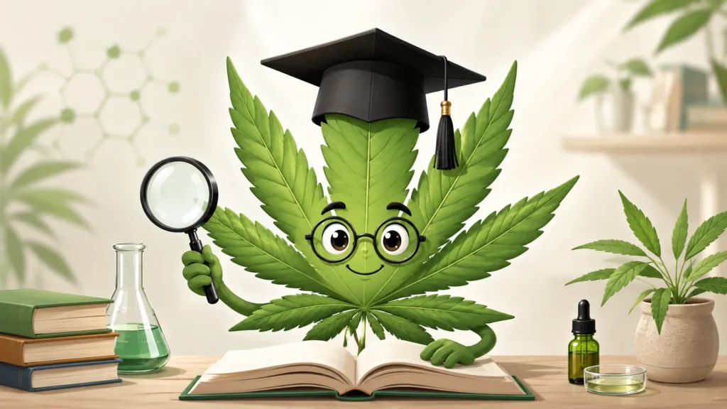 Cartoon-Cannabisblatt mit Doktorhut, Buch und Lupe als Symbol für das CBD Wiki