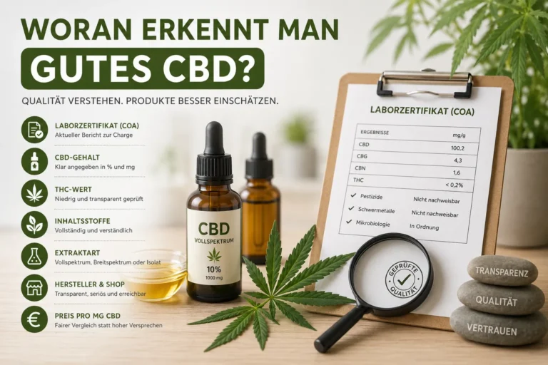 Infografik zur CBD Qualität mit Laborzertifikat, CBD Öl Flasche und Prüfliste