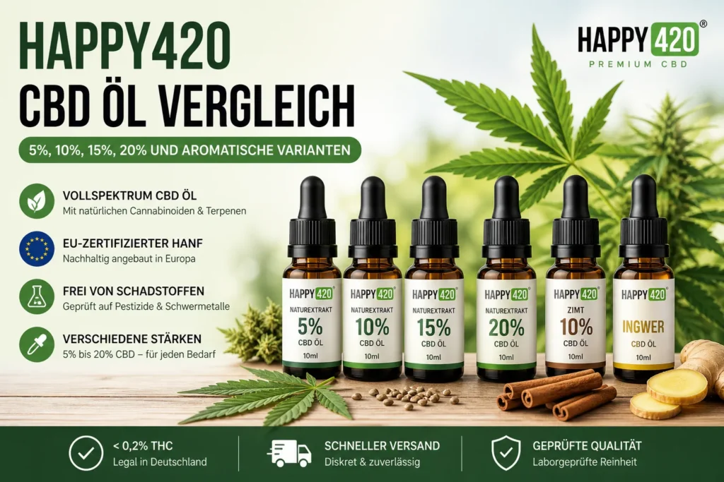 Happy420 CBD Öl Vergleich mit 5%, 10%, 15% und 20% Varianten