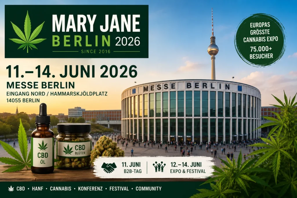 Mary Jane Berlin 2026 Messe Berlin mit CBD Öl, CBD Blüten und Cannabis Expo Hinweis