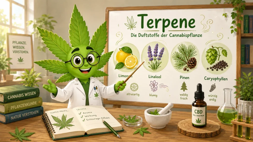 Freundliches Cannabisblatt erklärt Terpene in CBD-Produkten mit Pflanzen und Aromasymbolen