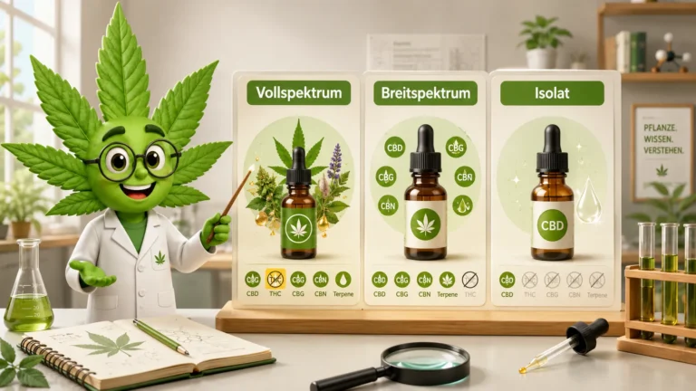 Freundliches Cannabisblatt erklärt Vollspektrum, Breitspektrum und CBD-Isolat