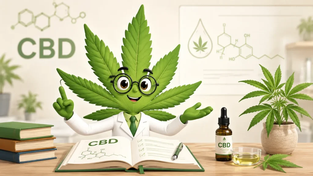 Freundliches Cannabisblatt erklärt CBD mit Buch, Ölflasche und Hanfpflanze