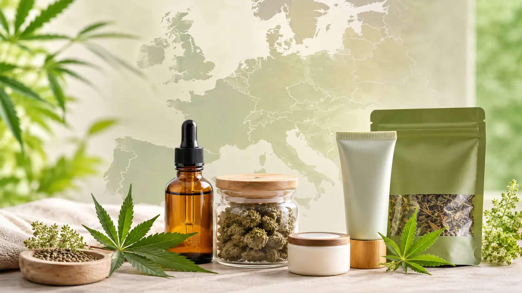 Europäische CBD-Produkte mit CBD Öl, Hanfblüten, Pflegeprodukten und Europakarte im Hintergrund