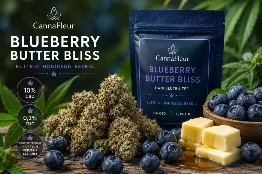 CannaFleur Blueberry Butter Bliss Hanfblüten mit Blaubeeren, Butterstücken und dunklem Produktbeutel