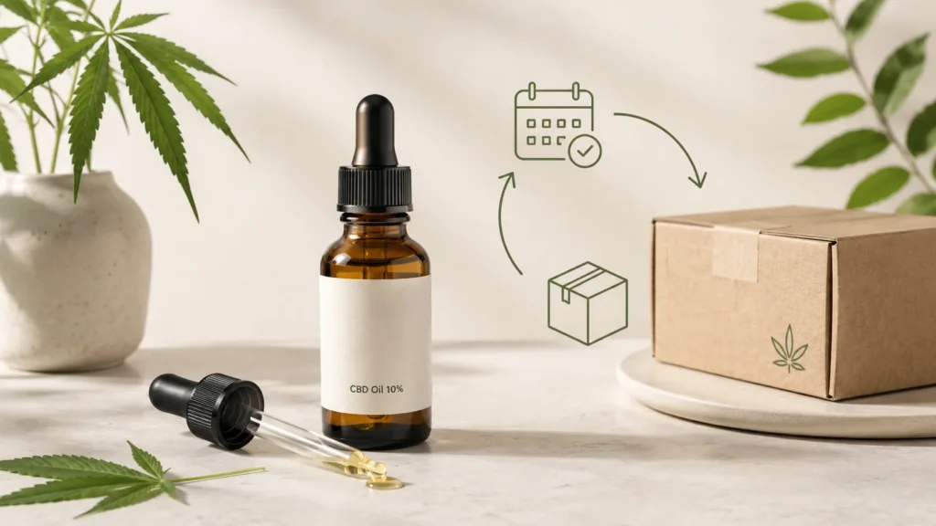 CBD Öl 10% Flasche mit Pipette, Versandbox und Abo-Symbolen für das CannaFleur CBD Öl 10% Intense Abonnement