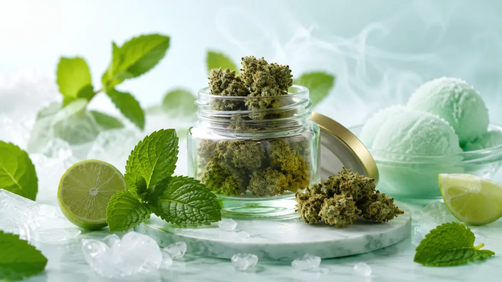 CannaFleur Sour Mint Sorbet Hanfblüten mit Minzblättern, Limette und kühlem Sorbet-Hintergrund