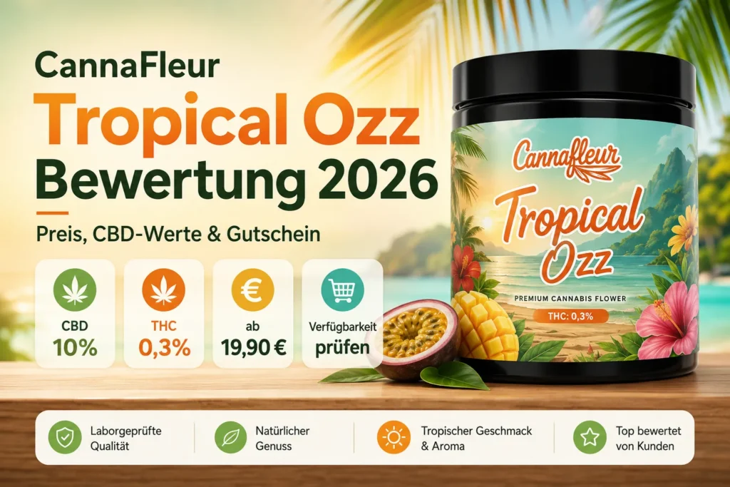 CannaFleur Tropical Ozz Bewertung 2026 mit Preischeck, CBD, THC, Verfügbarkeit und Gutschein