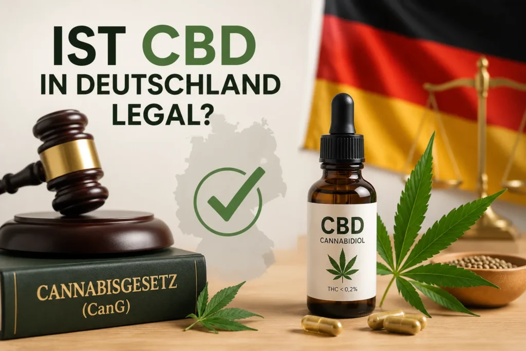 CBD Öl mit Hanfblatt, Deutschland Karte, Waage und Richterhammer zur rechtlichen Einordnung von CBD in Deutschland