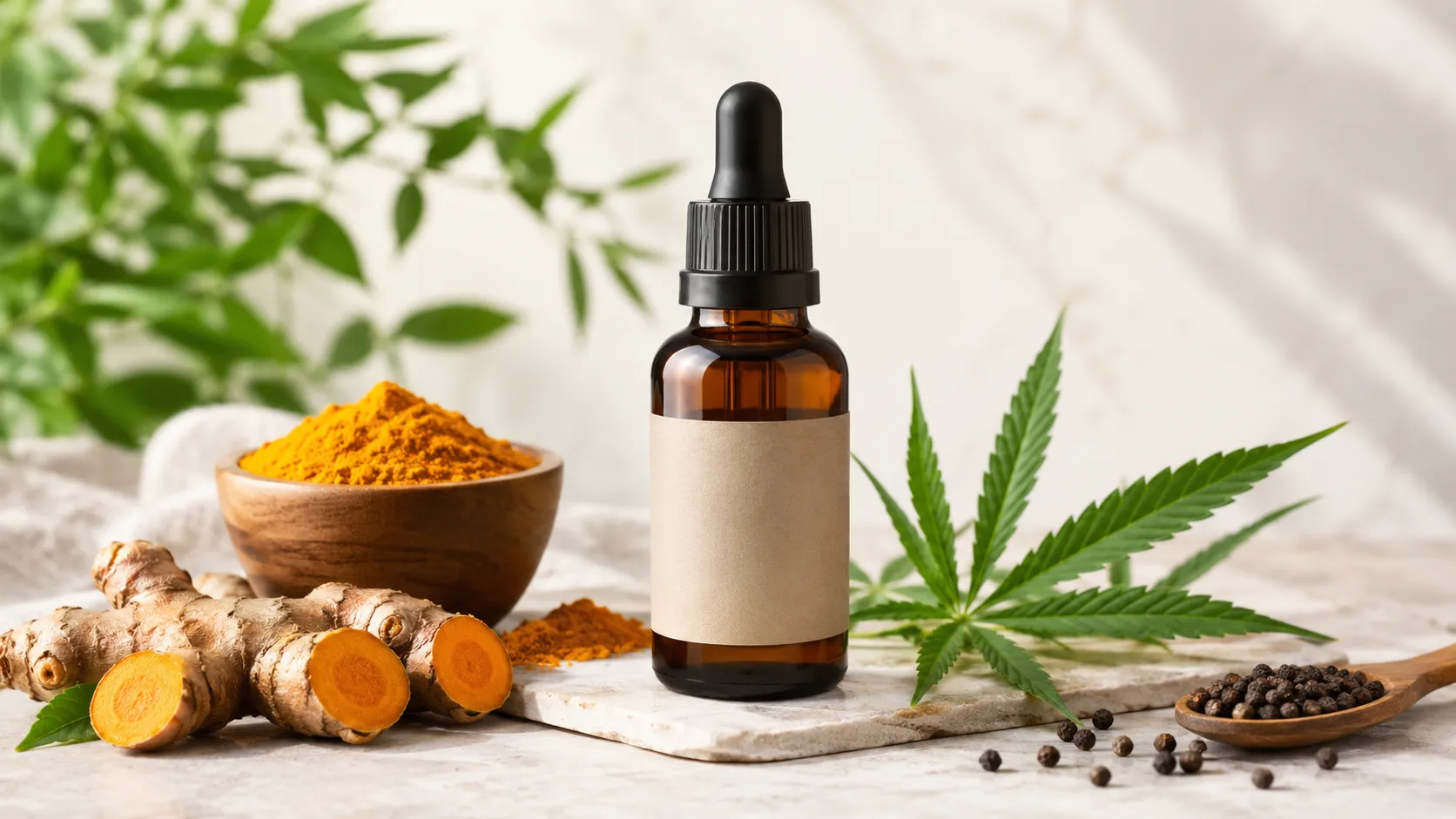 CBD Öl mit Curcumin und Piperin als thematische Produktkombination