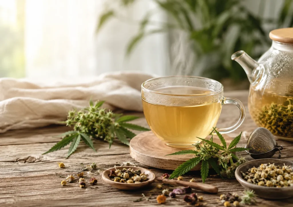 CBD Tee mit Hanfblüten, Kräutern und warmer Teetasse auf Holztisch