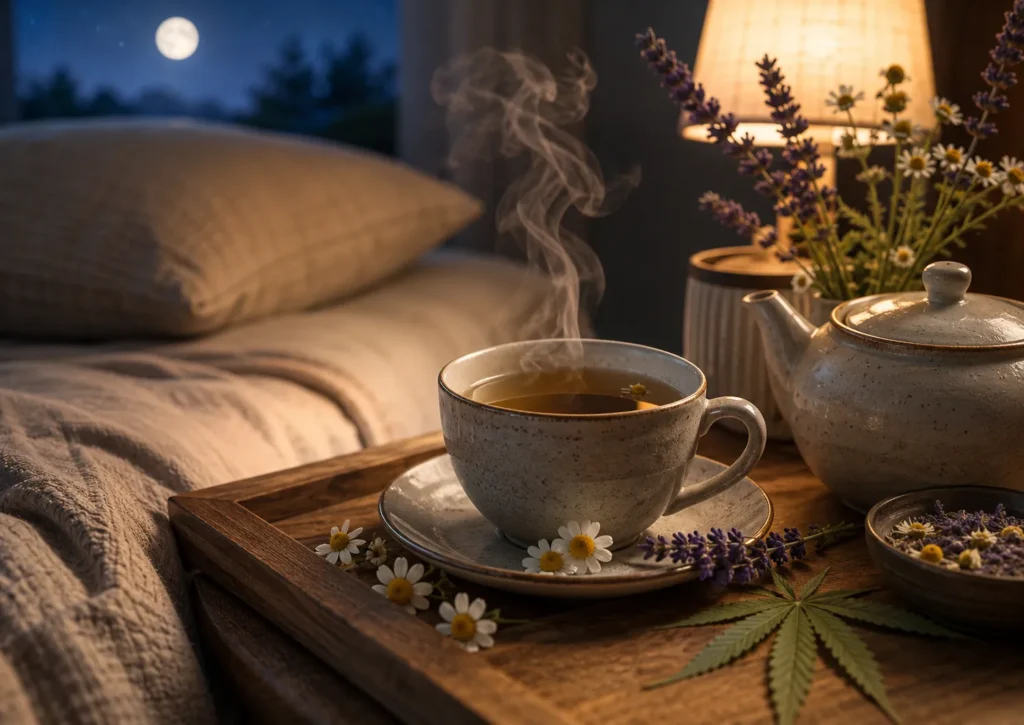 Alt text: Tasse CBD Tee zum Schlafen mit Kamille, Lavendel und ruhiger Abendstimmung