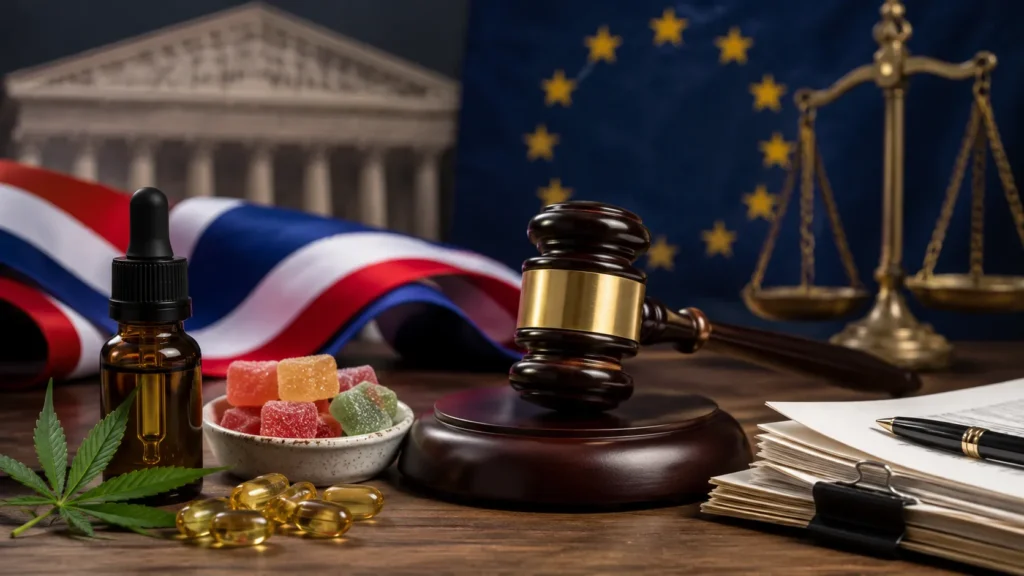 CBD-Lebensmittel in Frankreich mit Gerichtssymbol und EU-Novel-Food-Hinweis