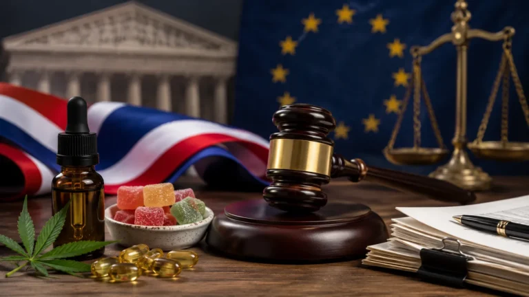 CBD-Lebensmittel in Frankreich mit Gerichtssymbol und EU-Novel-Food-Hinweis