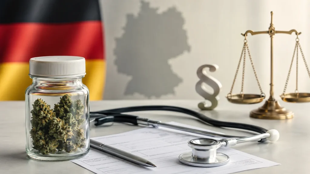 Medizinische Cannabisblüten, Rezept und Rechtssymbol als Hinweis auf strengere Regeln in Deutschland