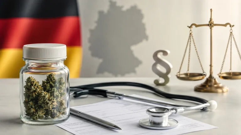Medizinische Cannabisblüten, Rezept und Rechtssymbol als Hinweis auf strengere Regeln in Deutschland