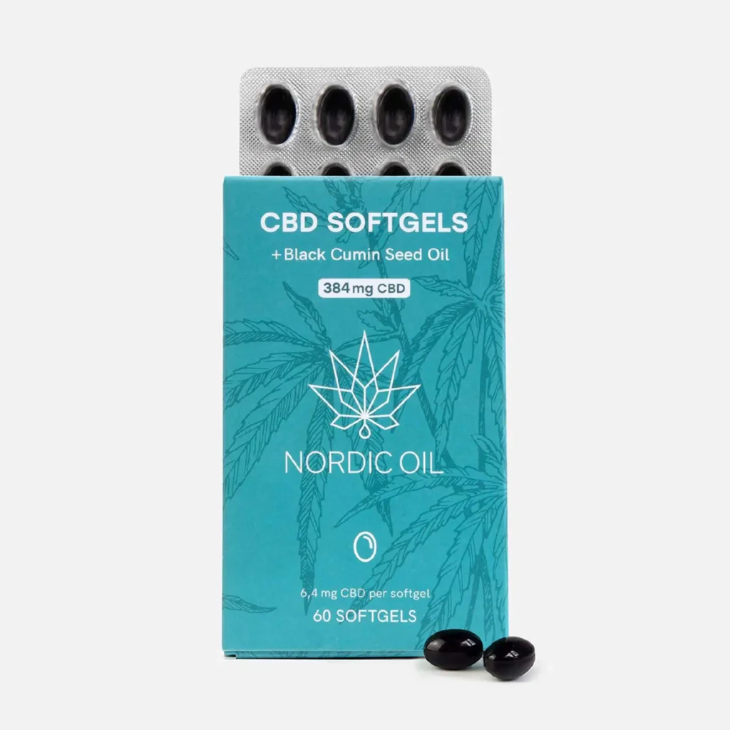 Nordic Oil CBD Kapseln 384mg Packung mit Softgels auf hellem Hintergrund